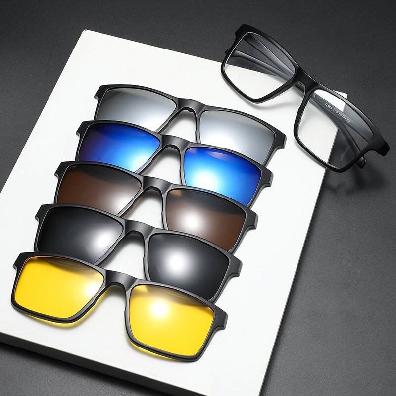 Eyeglasses Frame Men Women With 5 PCS Clip On Polarized Sunglasses Spectacle Magnetic Glasses Male UV400 Eyeglasses 2258