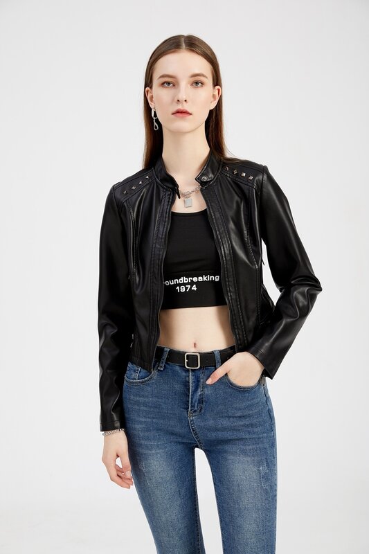2024 Women's new rivet leather jacket women's spring and autumn jacket long-sleeved women's jacket stand collar fashion jacket