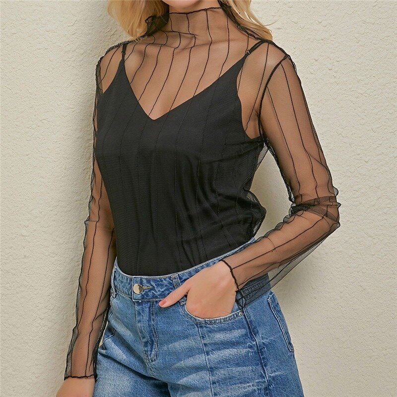 Women's Sexy Mesh Sheer Lace Blouses Perspective Long Sleeve Stand Collar Mesh Tops Striped Polka Dot Stars Party Tee Blouses