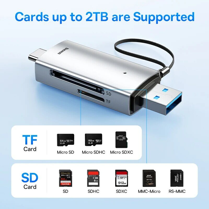 Baseus Card Reader USB C & USB3.0 a SD Micro SD TF Memory Card Device 104 MB/s 2TB Smart Cardreader per accessori per Laptop