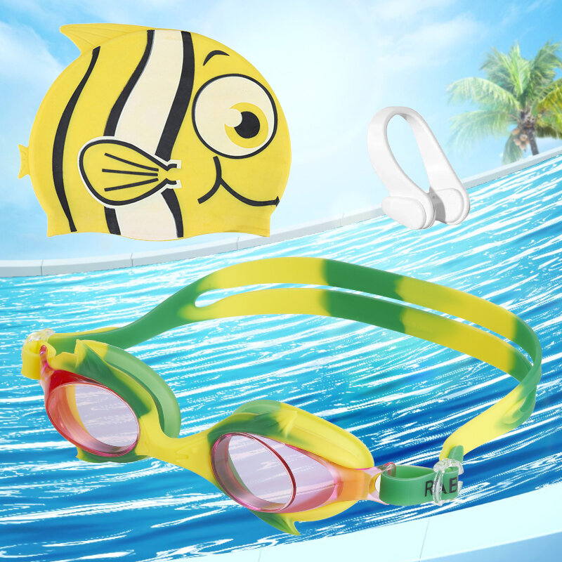 HD анти-туман Защита глаз водонепроницаемые очки для плавания в форме рыбы Плавательная шапочка Набор очков для плавания детские очки для плавания