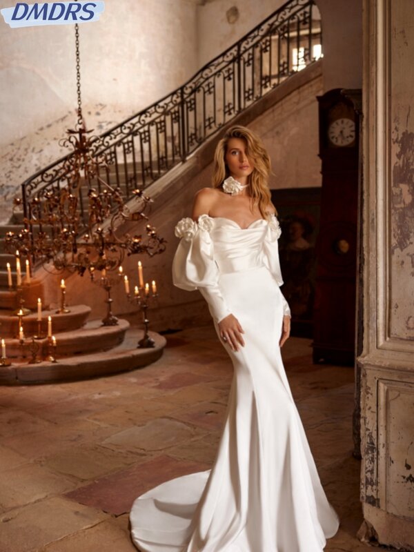 花嫁のための白いサテンのウェディングドレス,裸の肩,クラシック,3Dフラワー,マーメイドスタイル,ロング,ウェディングドレス