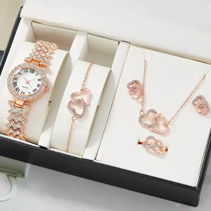 2/6pc Set Roségold Luxus uhr Frauen Ring Halskette Ohrring Strass Mode Armbanduhr lässig Damen Armbanduhren