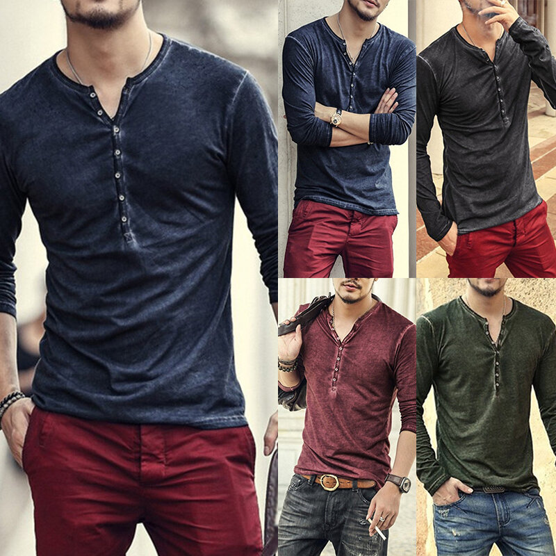 Men Tops Male Shirts Pullover Formal Fashion Office Casual Basic Tee Retro Shirt V Neck Long Sleeves Button Down