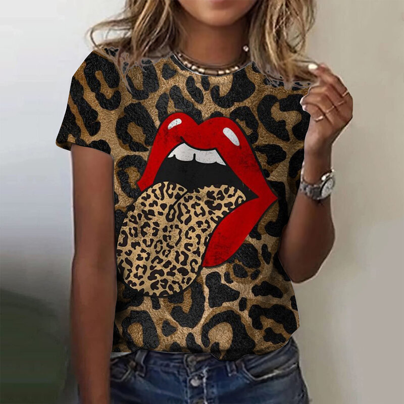 Damska koszulka letnia moda koszulki z krótkim rękawem z nadrukiem 3D z okrągłym dekoltem casualowa koszulka damska na ubrania panterka dla seksowna dziewczyna