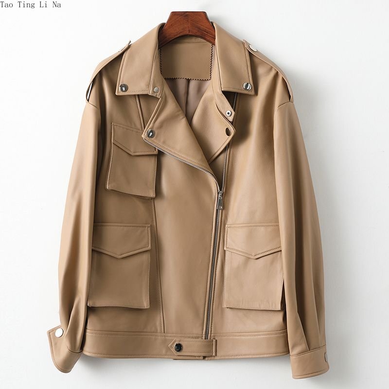 2023 Women New Spring Genuine Sheepskin Leather Coat Fashion Real Sheep Leather Jacket H4