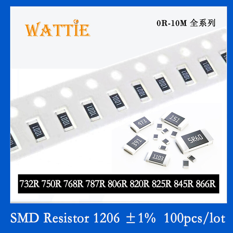 Resistor de chip de resistor SMD, 1206, 1%, 732R, 750R, 768R, 787R, 806R, 820R, 825R, 845R, 866R, 100pcs por lote, 4W, 3,2mm x 1,6mm
