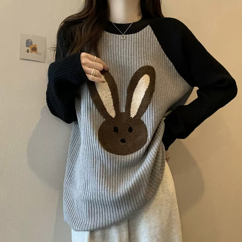 Sweter Ukuran Besar Kasual Pakaian Wanita Pakaian Musim Gugur Musim Dingin Atasan Rajutan Kartun Korea Bd884