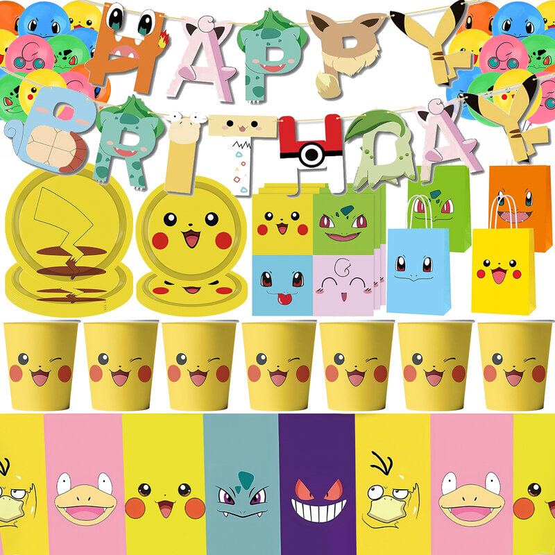 Pokemon Pikachu Anime Birthday Party Decorações, Balão, Talheres de papel, Caixas de fundo, Bolo Toppers, Baby Shower, Kids Party Supplies