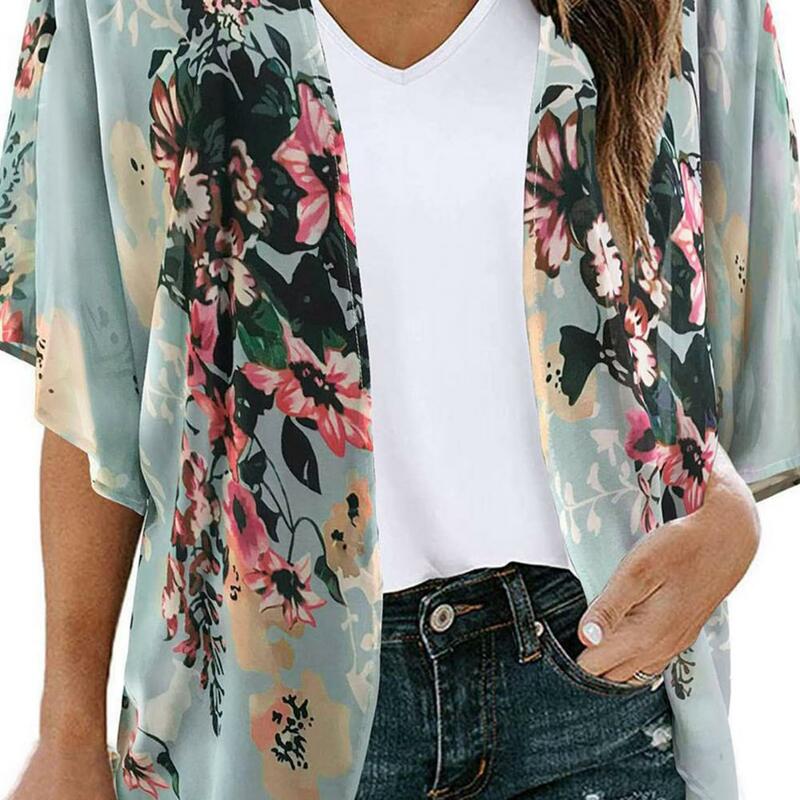 Women Beach Shirt Flower Print Short Sleeve Open Stitch Thin Breathable Sun Protection Anti-UV Loose Lady Beach Cover-up Top