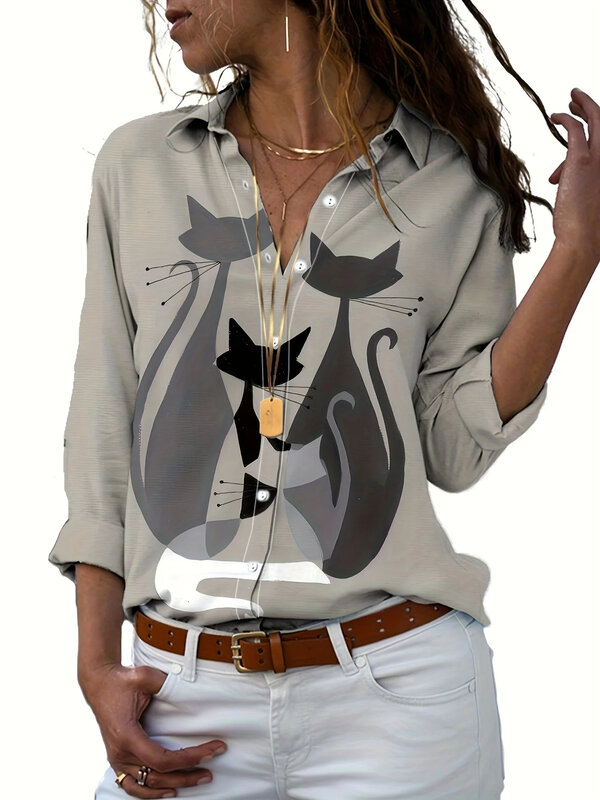 여성용 회색 귀여운 고양이 프린트 셔츠, 긴팔, 캐주얼 패션, 데일리 셔츠, 용수철 여름 상의, 2024