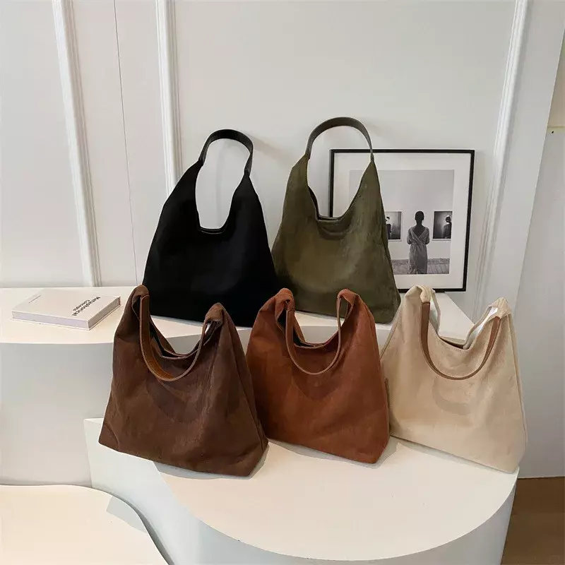 Осенне-зимняя винтажная женская сумка, вместительная Замшевая сумка на плечо, однотонная простая повседневная сумка для поездок, сумки в стиле ретро