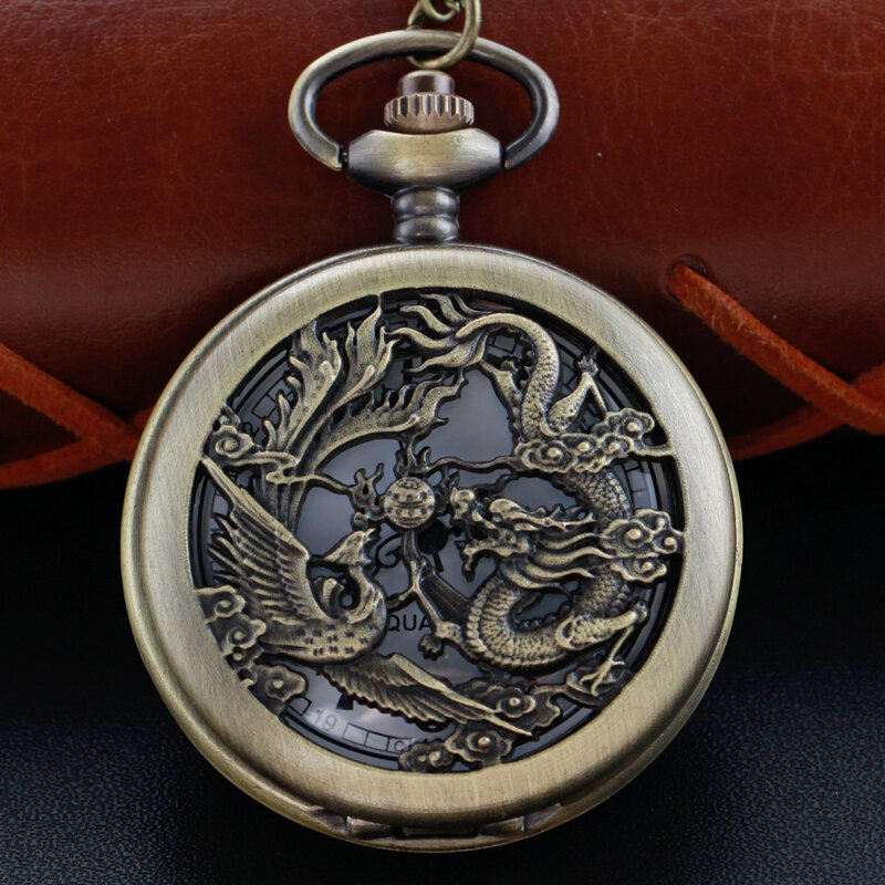드래곤 언데드 버드 디스플레이 석영 포켓 시계, 빈티지 청동 고리 체인 로마 디지털 라운드 다이얼 목걸이 펜던트 시계 선물