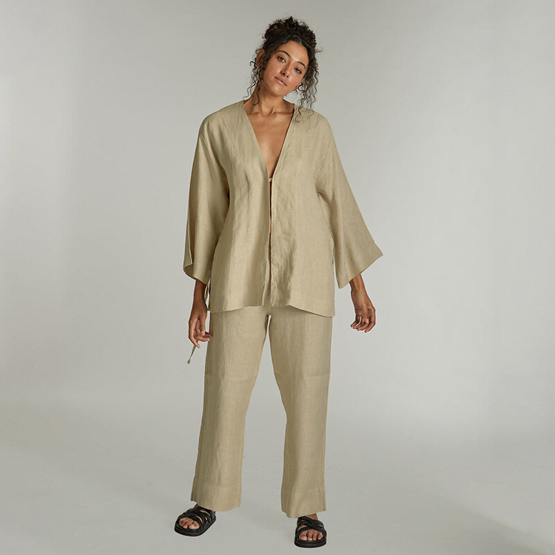 Fatos de linho de algodão feminino Pijama sexy Camisolas de manga comprida Calças de pijama casual com laço para camisola, conjunto de 2 peças