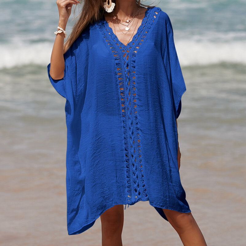 Fitshinling-toalha de praia artesanal de crochê encobrir saia transparente sexy boêmio feminino, maiô patchwork, novo estilo, verão, 2024