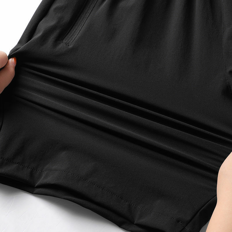 New Men's Casual Shorts Male LOOSE Breeches Fashion sports Ice Silk Shorts Solid Color Breathable Quick-drying Beach Black Short
