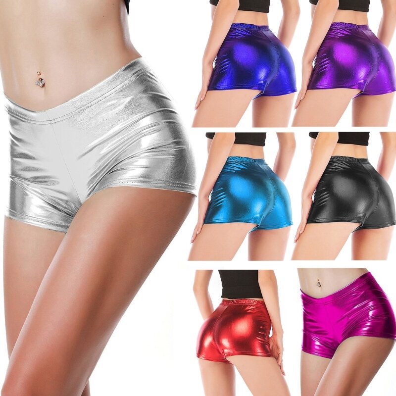 Sexy Womens Shorts Glitter Cintura Elástica Faux PU Couro Metálico Sólido Calça Curta N7YD