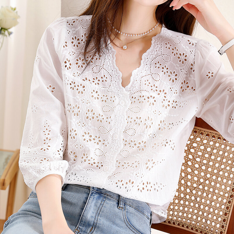 QOERLIN Lace Hollow Out White Shirts Women Summer 3/4 Sleeve Single-Breasted V Neck Loose Casual Elegant Tops Blouse Embroidered