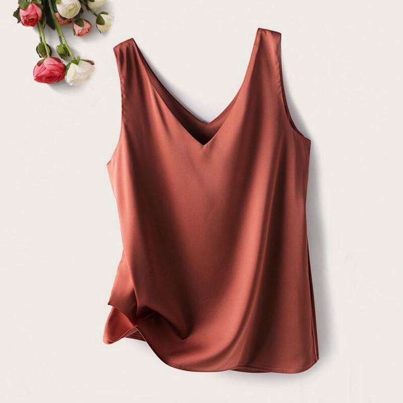 เสื้อกล้ามคอวีสำหรับผู้หญิงเสื้อกล้ามทรงหลวมผ้าซาตินเรียบสีทึบเสื้อสตรีทแวร์ทรงหลวม