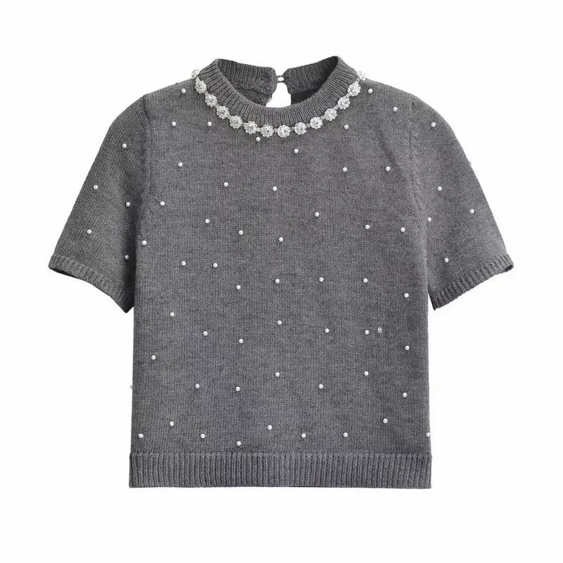 Women's New Fashion Artificial Pearl Decoration Short Elastic Slim Knitted Top Retro Short Sleeve Women's Pullover Chic Top