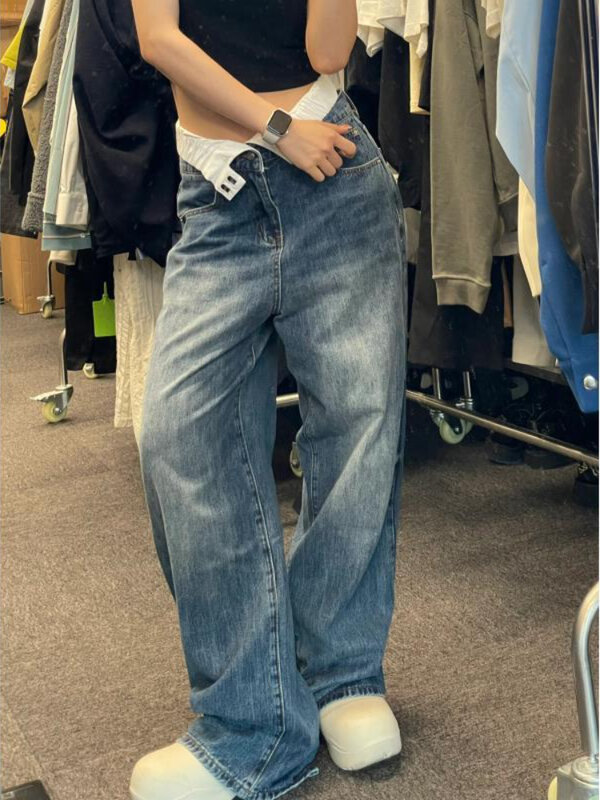 Pantalones vaqueros de pierna ancha para mujer, ropa de calle Vintage, holgados, de gran tamaño, Chic, de cintura alta, Y2k