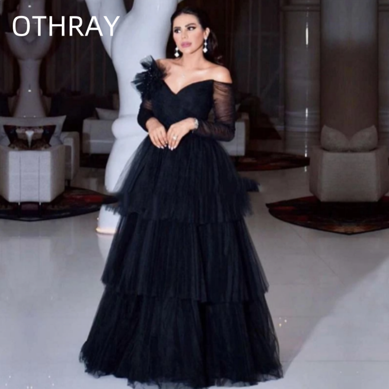Women Long Sleeves A-Line Prom Party Gown Homecoming Sweetheart Robe De Soiree Sexy Black Tiered Off The Shoulder Evening Dress