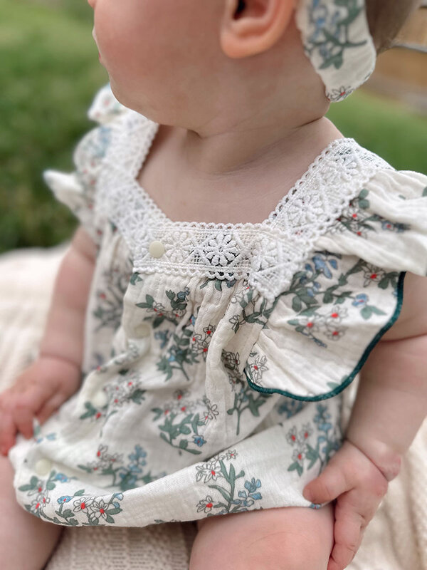 Milancel-赤ちゃんの女の子の甘い緑の花のジャンプスーツ、ヘアバンド、幼児のアウター、夏のロンパース、幼児の衣装、新しい、1個
