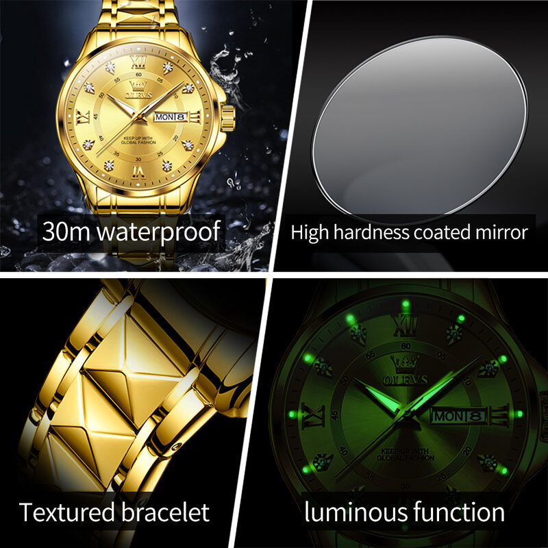 Брендовые роскошные золотые кварцевые часы OLEVS из нержавеющей стали, водонепроницаемые светящиеся часы с отображением даты и недели для мужчин и женщин, наручные часы для влюбленных