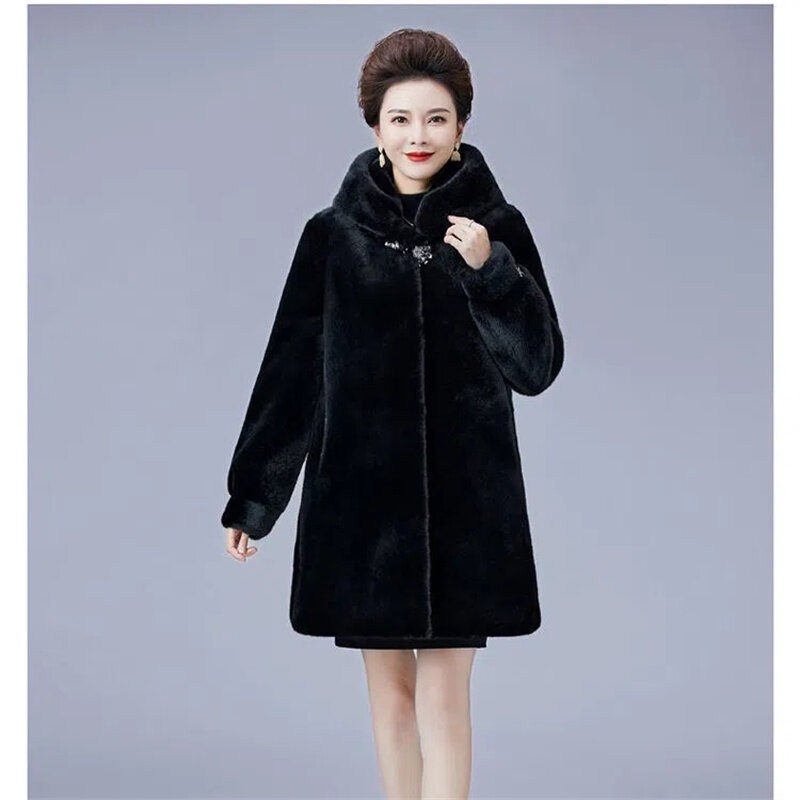 2023 New Mink Coat Female Mid-Elderly Mother Whole Mink Fur Mid-Long Parka Mother's Mink Velvet Coat Imitation Fur Coat Hooded