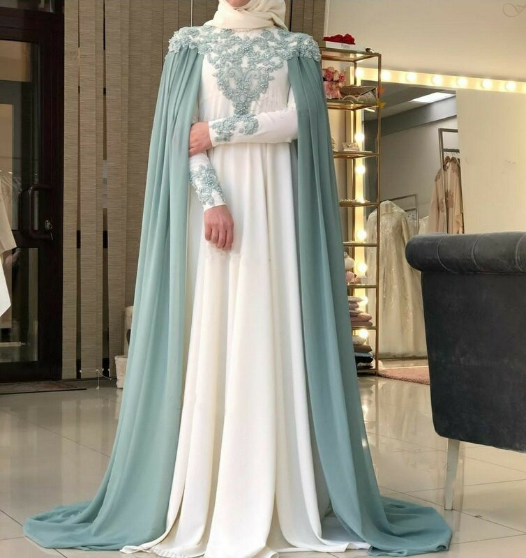 A-Line High-Neck Pearls Lace Appliques Dubai Arabic Long Sleeves Wedding Gowns For Women 2023 Bride