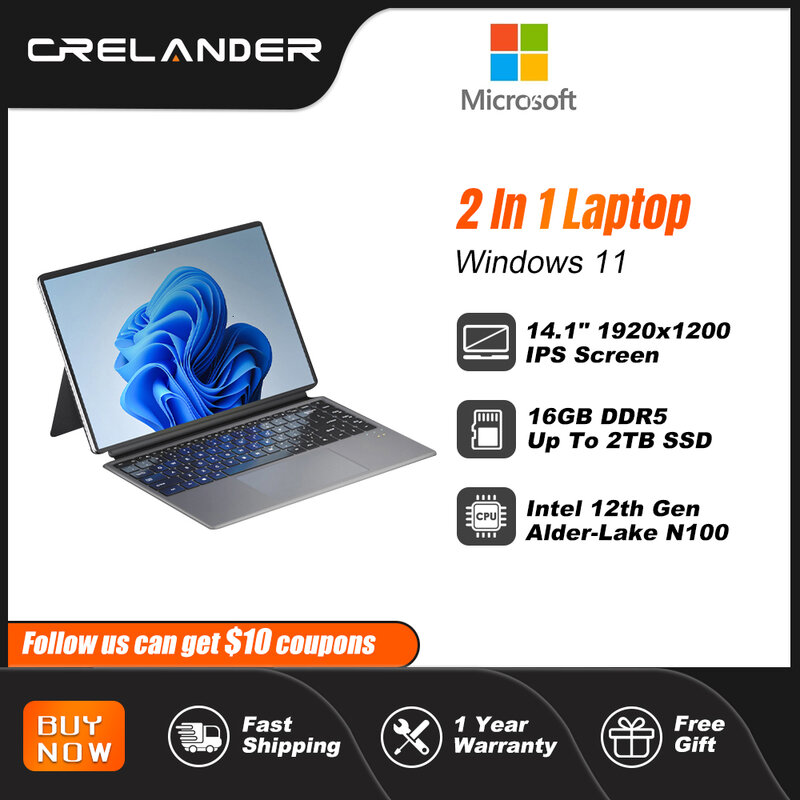 CRELANDER 2-in-1 노트북Intel N100 노트북 14형 2K 터치스크린 DDR4 16GB RAM 미니 태블릿 Pc 노트북