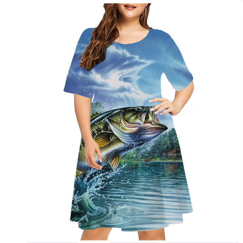 ชุดเดรสลายปลาสำหรับเสื้อผ้าผู้หญิง, ชุดเดรสทรงหลวมสไตล์ชายหาดเดรสแขนสั้นขนาดใหญ่พิเศษสำหรับฤดูร้อนชุดเดรสปาร์ตี้