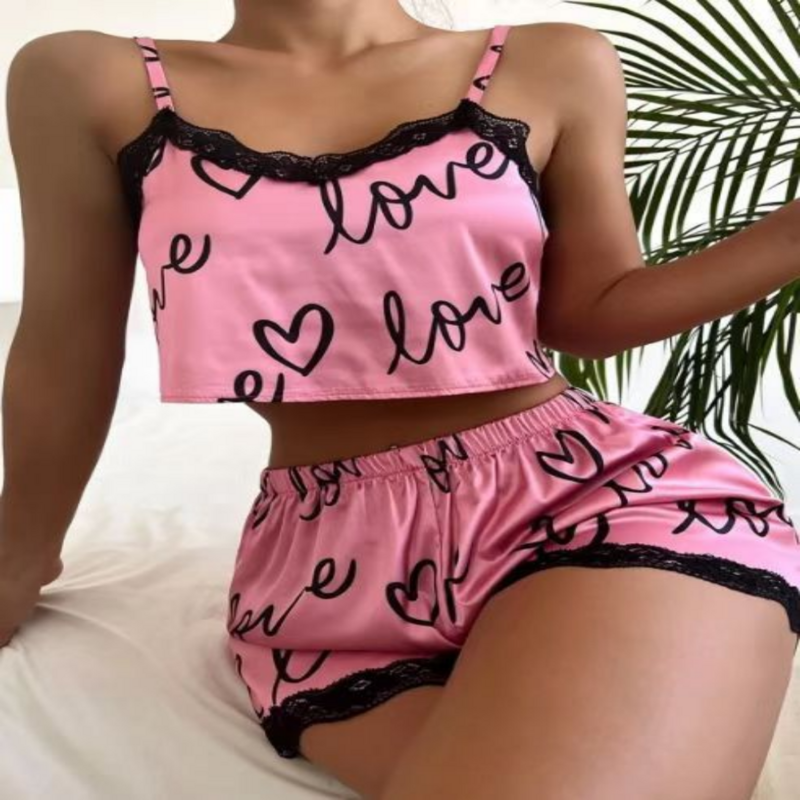 Conjunto de Pijamas Estampada Feminina, Shorts de Pijama, Lingerie Sexy, Camisolas Tanques, Camisolas, Camisolas, Camisolas, Camisolas, Camisolas, Camisinha, Ladies Homewear, 2 Pcs