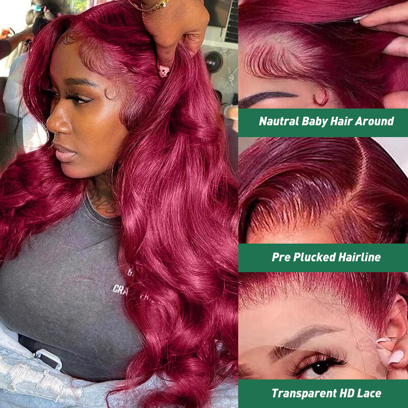 Borgonha peruca dianteira do laço para mulheres, cabelo humano, onda do corpo, vermelho, perucas frontais de cabelo humano, pré arrancadas, 99J