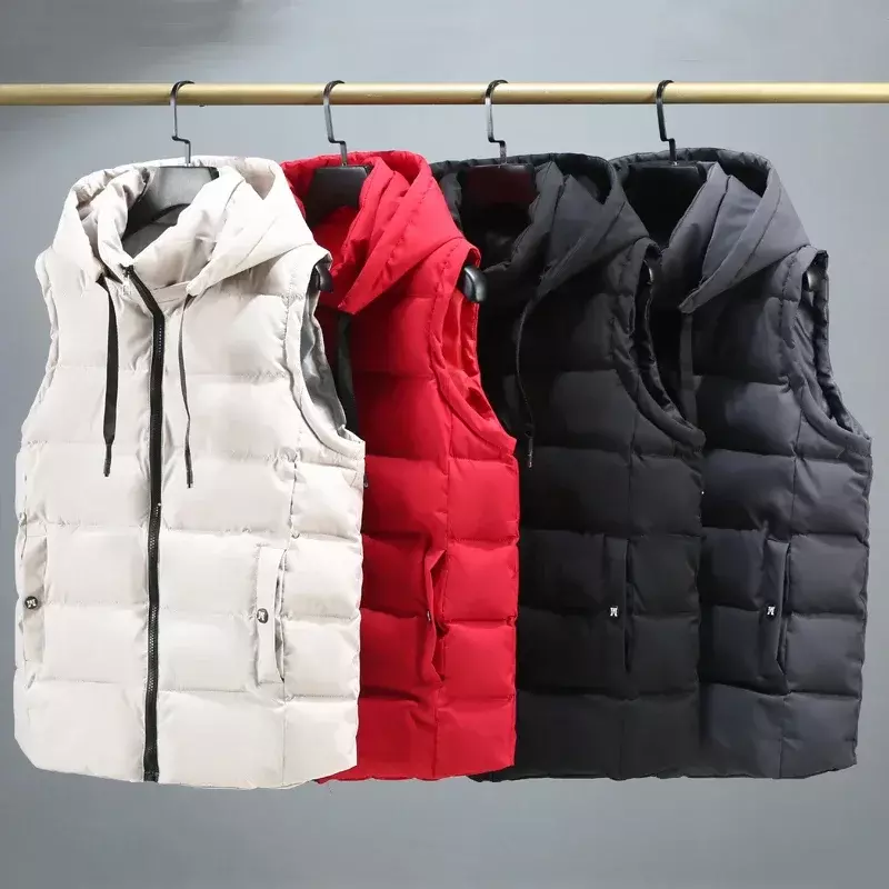 2023 New Autumn Winter Black Vests Men Hooded Brand Thick Warm Cotton Padded Sleeveless Jacket Men Parka Solid Zipper Waistcoat