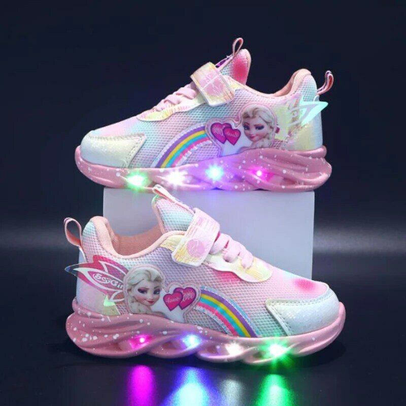 Disney LED รองเท้าผ้าใบลำลองสีชมพูสีม่วงสำหรับฤดูใบไม้ผลิแช่แข็งเจ้าหญิงเอลซ่าพิมพ์กลางแจ้งรองเท้าเด็ก Lighted รองเท้าลื่น