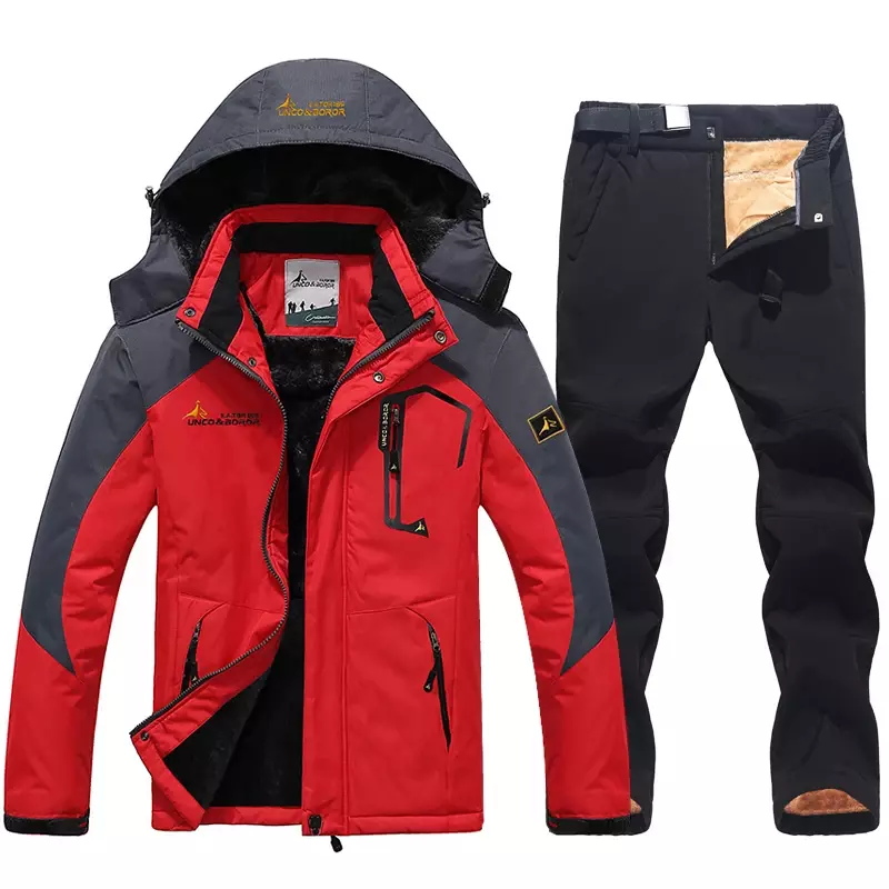 Men Winter Ski Suit Thickening Warm Waterproof Windproof Hooded Jacket and Pants Outdoor Hiking Climbing Snowboard Skiwear Set