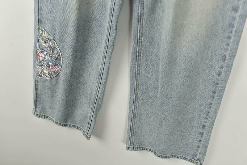 22 damska 2024 nowa Fashion naszywka haftowany kwiat dekoracja dżinsy Retro wysoka talia boczna kieszeń damska spodnie dżinsowe