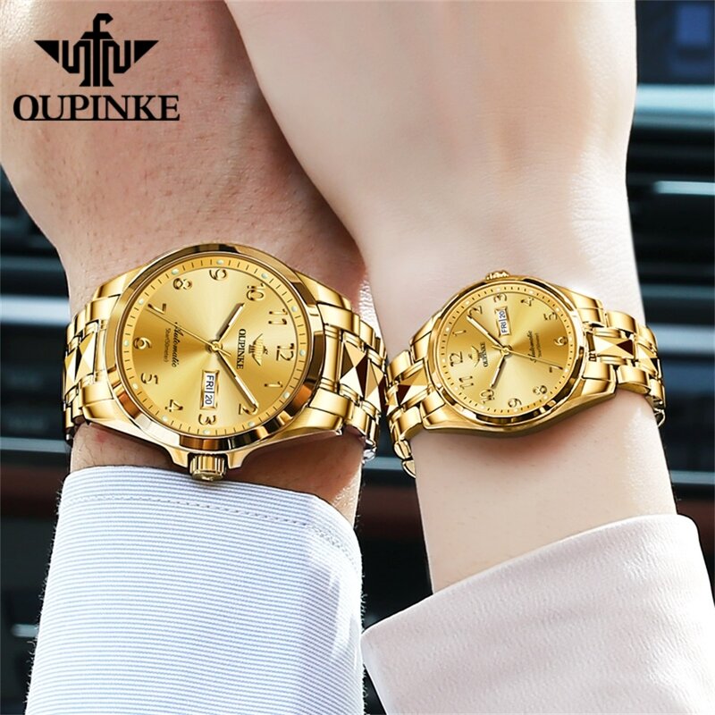 OUPINKE 오리지널 커플 시계 세트, 럭셔리 페어, 자동 기계식 손목시계, 스위스 탑 브랜드, 사파이어 미러 뚜르비옹 시계