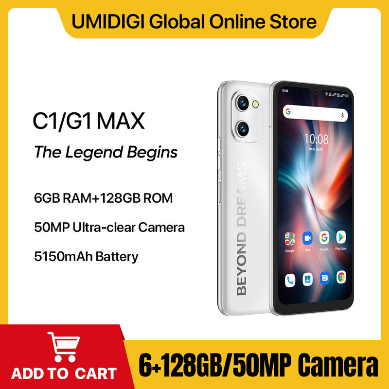 Smartphone Dual SIM UMIDIGI-C1/G1 Max, Unisoc T610 Octa-Core, fotocamera da 50mp, batteria da 5150mAh, 6GB + 128GB con spedizione gratuita