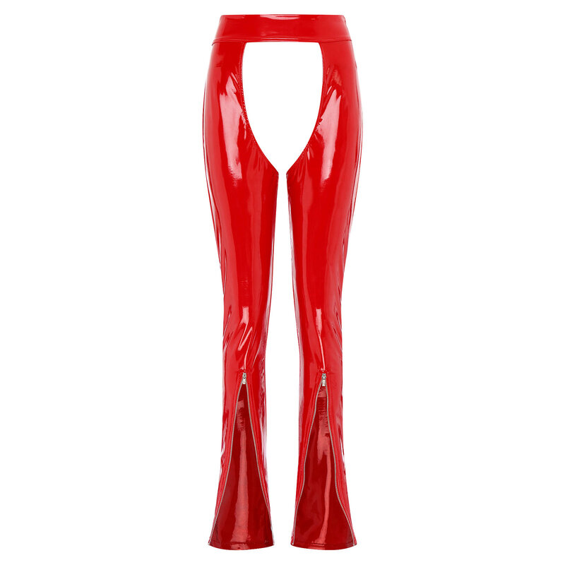 Damen exotische Hosen glänzend nass aussehen Lack leder Leggings hohe Taille Schritt ohne Rücken ohne Reiß verschluss Röhren hose Clubwear Hose
