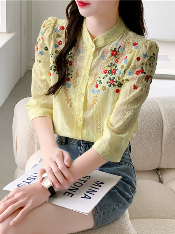 SMTHMA Summer New Vintage Embroidered Flower Jacquard Shirt For Women Romantic Gentle Style Versatile Stand Collar Shirt