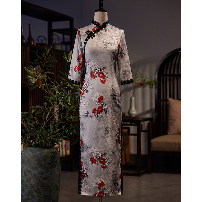 Chinese Style Sexy Print Flower Qipao Traditioanl Casual Dress Women Mandarin Collar Cheongsam