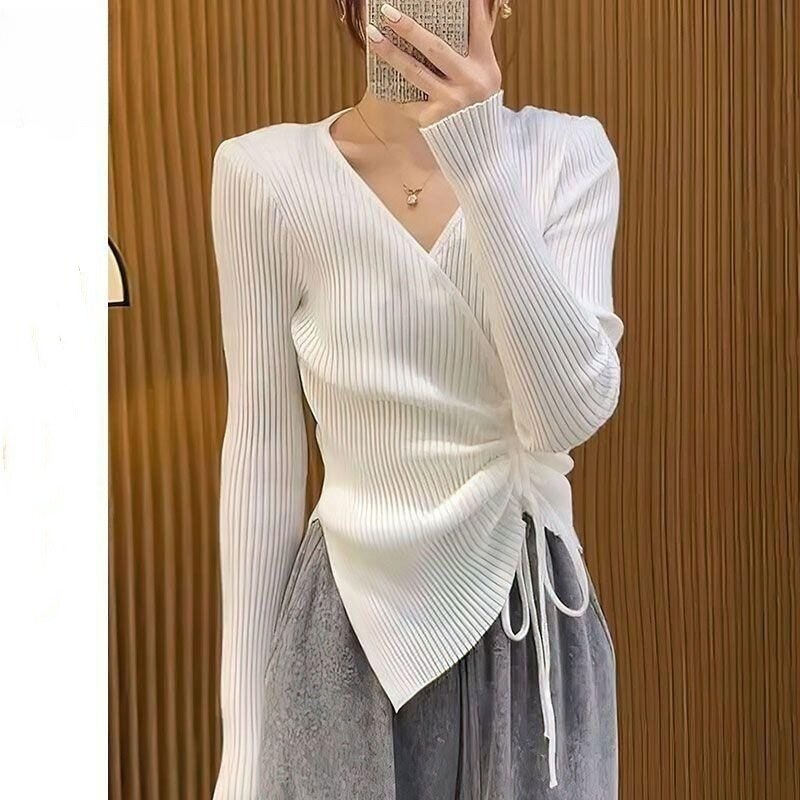 Women's Autumn Winter Fashion Elegant Solid V-neck Drawstring Irregular Casual Versatile Long Sleeve Slim Fit Sweater Knit Tops