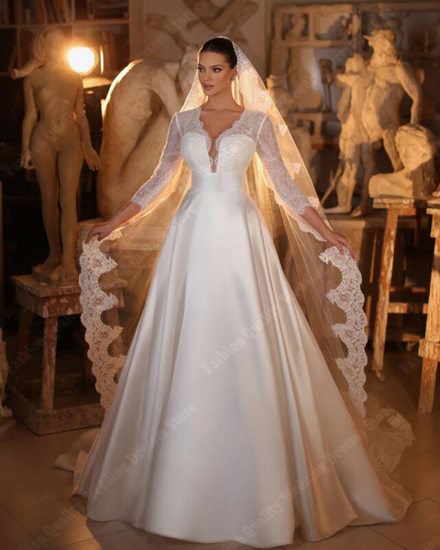 Fashion Satin Wedding Dresses Simple A-Line Mopping Length Bride Gowns  Smooth Bright Fabric Romantic Princess Vestidos De Novia