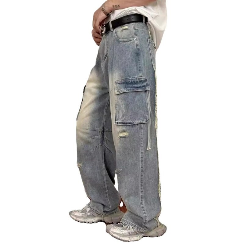 سراويل جينز واسعة الساق للرجال ، جينز مستقيم فضفاض صالح ، ملابس شارع الرجعية ، جيوب الموضة ، خمر ملابس شارع عالية ، الصيف