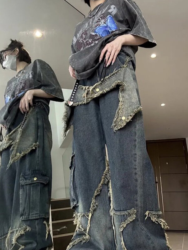 Cargo Jeans Pants Women Street Loose Oversize Panelled Pentacle Raw Hem Pant 2023 Vintage Blue Hip Hop Female Denim Trousers