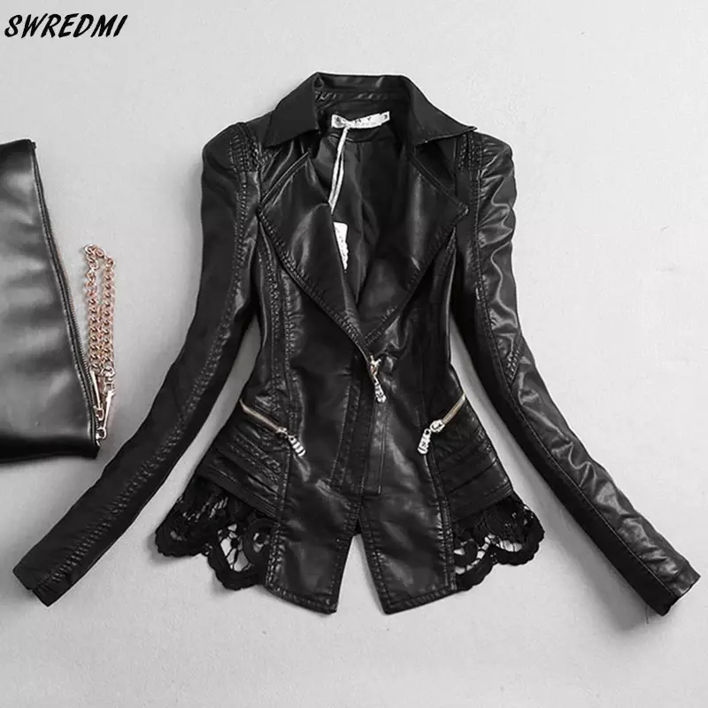 SWREDMI jaket kulit wanita 2024 mode ramping baru pakaian kulit jahitan renda S-4XL wanita mantel kulit atasan hitam