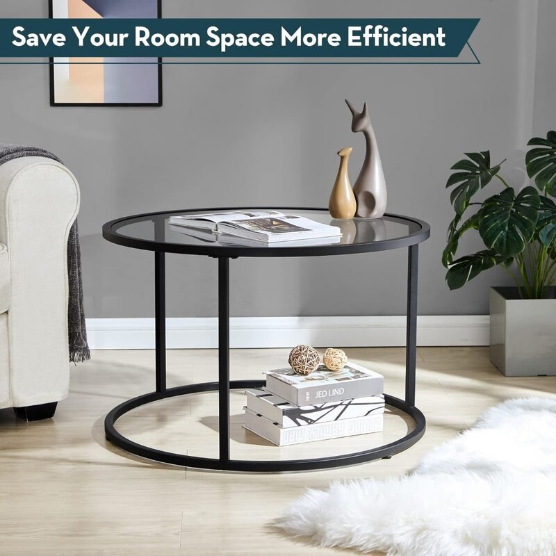 Coffee Table, Small Glass Round Coffee Table for Small Space Modern, Simple Center Table with Frame Living Room, Coffees Tables