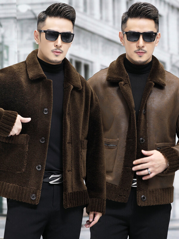メンズ両面リアルラムファーショートオーバーコート、男性厚手の暖かいジャケット、ファッションウェア、冬、2023、p516